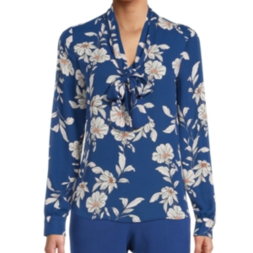 Bar III Innisfree Blue Floral Tie-Neck V-Neck Long Sleeve Women’s Blouse XXS NWT